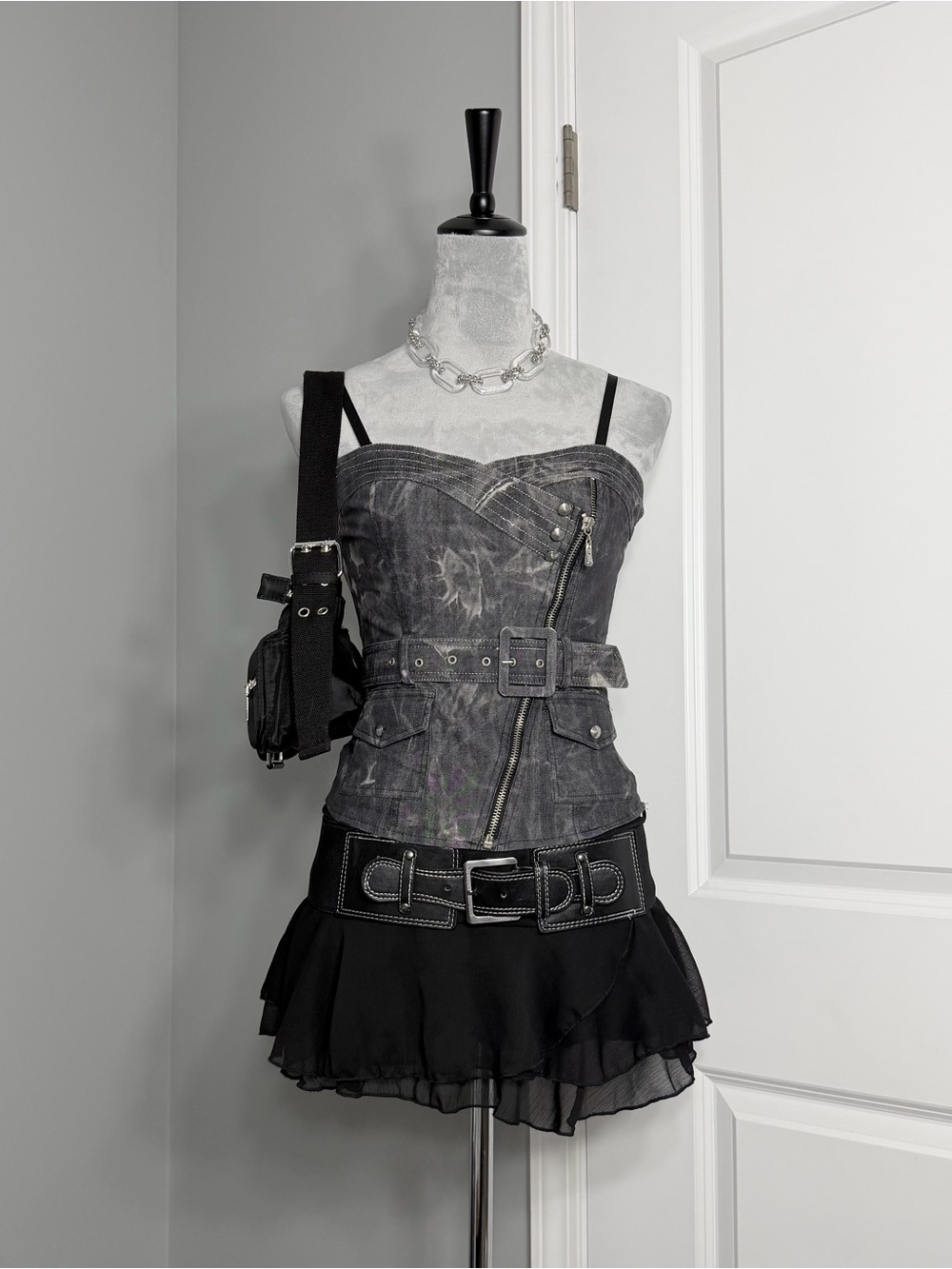 Y2K Lydia Asymmetrical Zip Belted Cargo Corset Top in a Stonewashed Grey